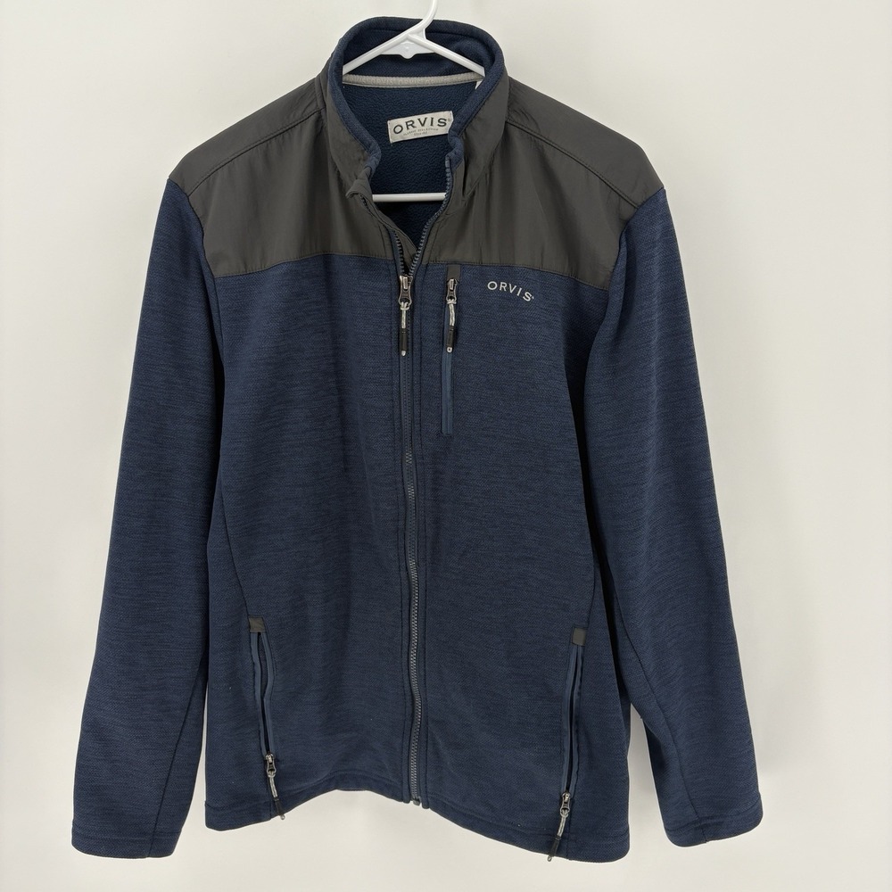 Orvis Mens Navy Blue Full Zip Fleece Jacket Grey Nylon Overlay Men Medium
